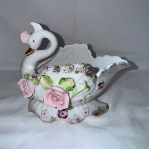 Napco China Porcelain White Swan Figurine with Pink Roses and Gold Trim.